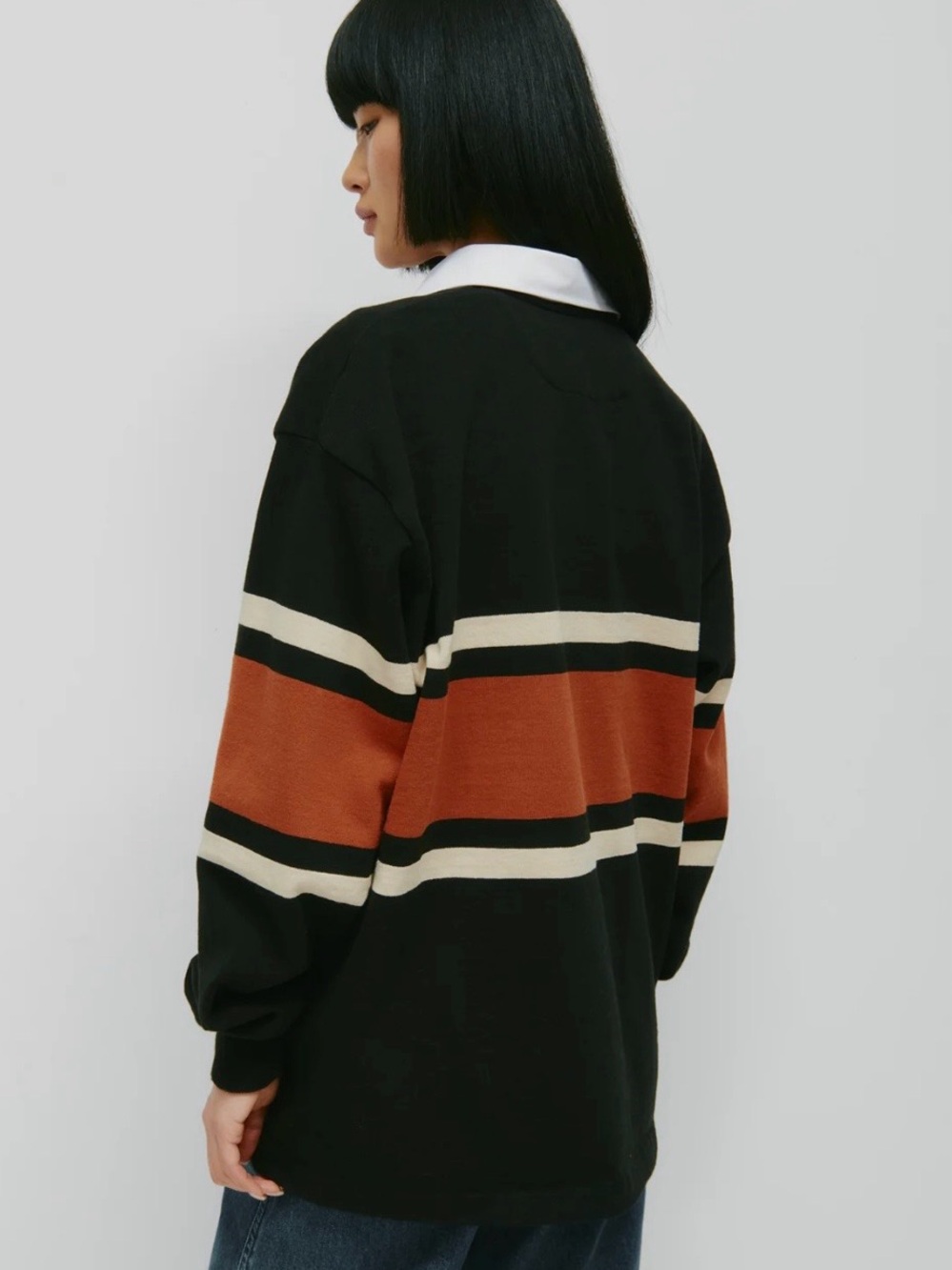 KOTN Black Long Sleeve Rugby Top with Rust and Cream Stripes - Picture 3 of 7